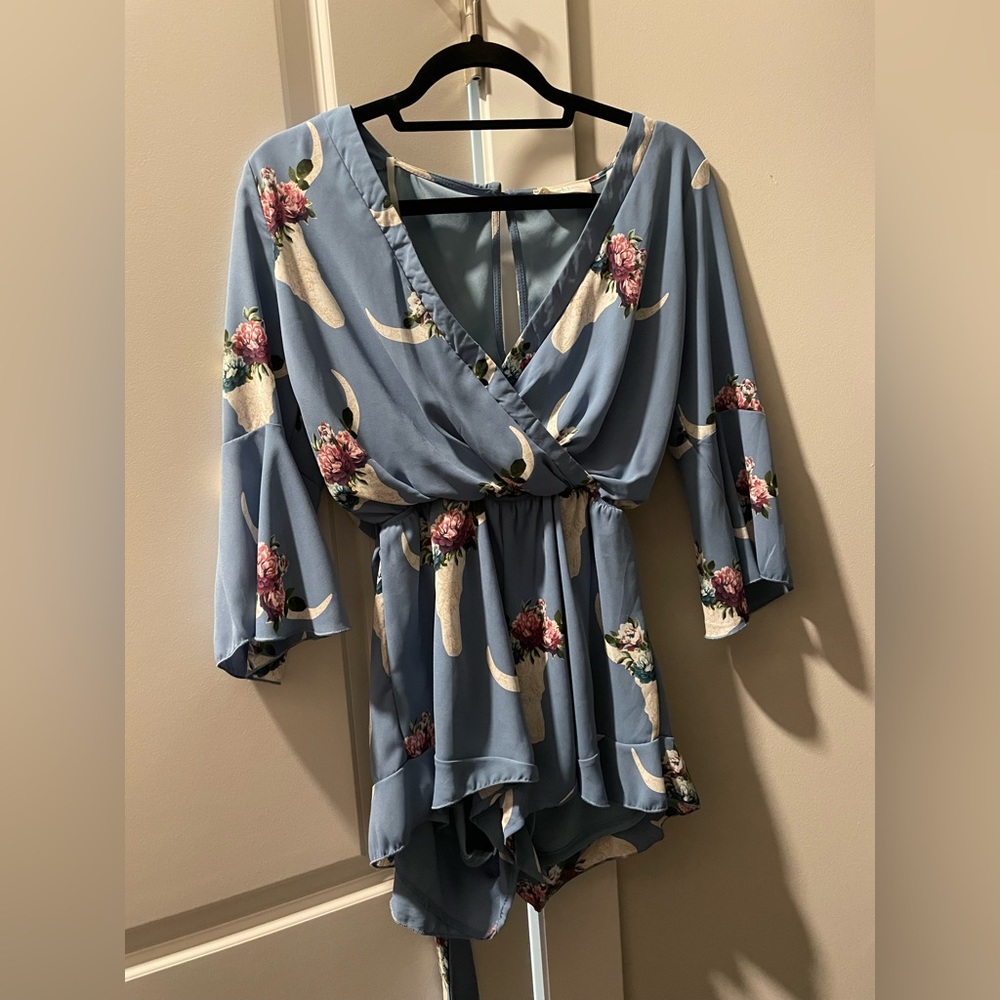 Blue Sleeved Romper w Belt